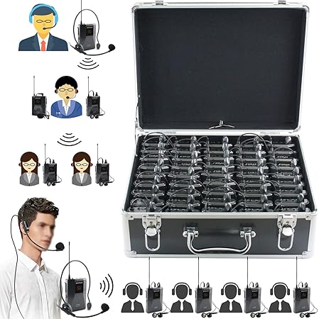 EXMAX EX-938 Wireless Headset Microphone Audio Tour Guide System for Church Translation Teaching Travel Simultaneous Interpretation.(1 Transmitter 200 Receivers with Black Aluninum Storage Case)