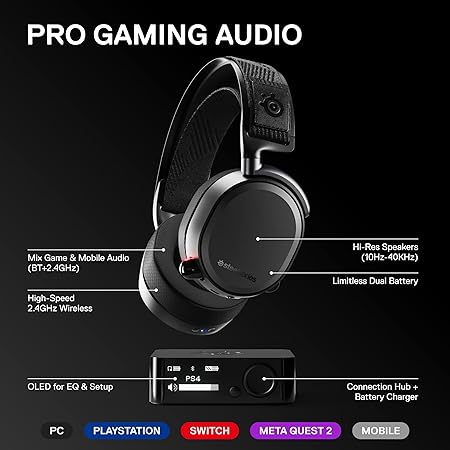 SteelSeries Arctis Pro Wireless Gaming Headset - High Fidelity 2.4 GHz Wireless - Mixable Bluetooth - Non-Stop Dual Battery - OLED Base Station - AI Noise Canceling Mic - PC, PS5, PS4, Mobile - Black